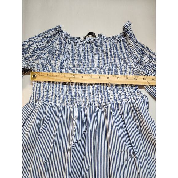 Zara Smocked Top Size M Blue White Square Neck Off Shoulder Bell Sleeve Y2K - Picture 6 of 9